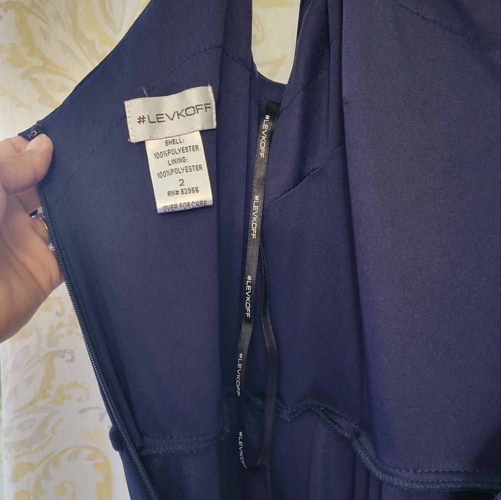 #LEVKOFF Ruffle V-Neck Chiffon Gown In Navy Color - Picture 11 of 11